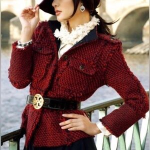 TORY BURCH Kingston tweed jacket military style blazer berry red fringe hem sz 6